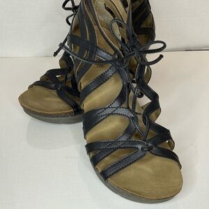 Black ankle sandals wedge heels in size 7.5 -8 by hokus pokus.